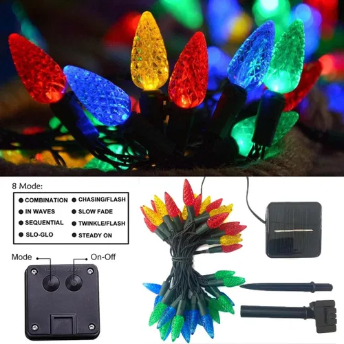 Vista 2 de 39 pies 100 luces LED solares C6 LED de Navidad – al aire libre, 8 modos C6 fresa multicolor cadena de luces para árbol de Navidad, vacaciones