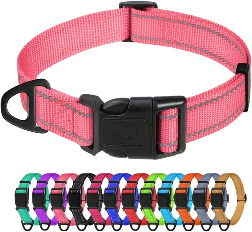 Vista 18 de TagME Collares de nailon reflectantes para perros, collar ajustable clásico para mascotas con hebilla de liberación rápida para cachorros, rosa Rosa