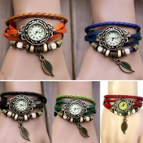 Vista 4 de yunanwa Paquete de 6 relojes de mujer Vintage Wrap Around Bead Leaf Bracelet Quartz Wholesale Set