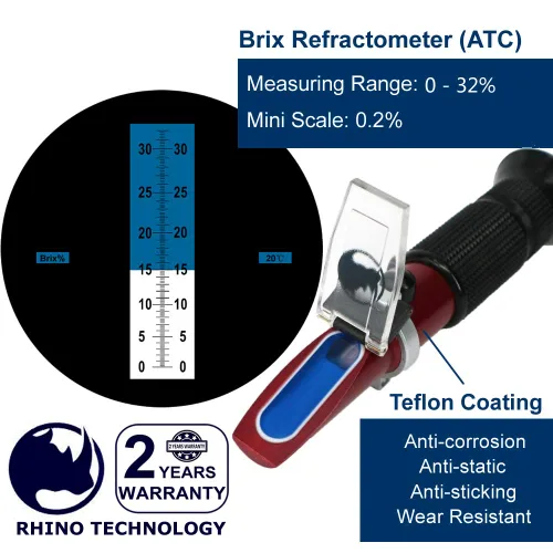 Vista 2 de 0 a 32% Brix Refractómetro de mano (revestimiento de teflón) con compensación automática de temperatura, refractómetro de mano Rhino con una funda