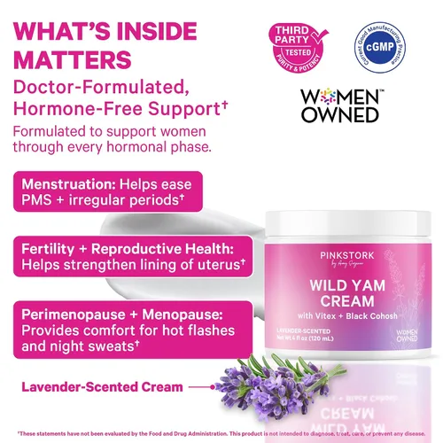 Vista 2 de Pink Stork Crema de ñame silvestre para el equilibrio hormonal con Vitex y Cohosh negro Formulado por médicos PMS, fertilidad, perimenopausia