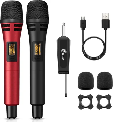 Vista 10 de TONOR Micrófonos Inalámbricos, Sistema de Micrófono UHF Dual para Karaoke, Microfonos Inalámbricos con Receptor Recargable, Micrófono Dinámico