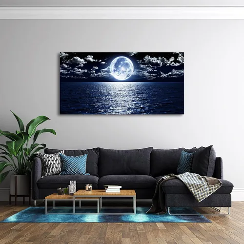 Vista 6 de Cao Gen Decor Art S06950 - Lienzo decorativo para pared, diseño de luna, mar, océano, paisaje, 1 panel, luna llena en nube, cuadros estirados