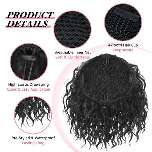 Vista 3 de Extension de cabello con moño desordenado, textura Yaki, con cabello suelto, ondulado y rizado, corto, con cordón de ajuste, extensiones de cola
