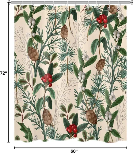 Vista 6 de EOBTAIN Cortina de ducha rústica con hojas de plantas para baño, diseño de piña y fondo navideño rojo y verde, con 10 ganchos, juego de cortinas