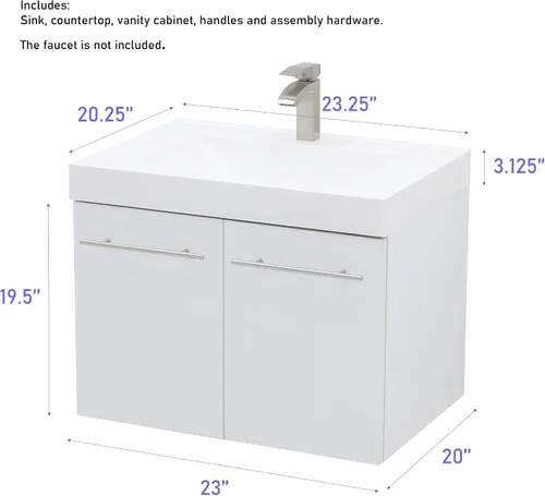 Vista 2 de Juego de lavabo flotante para montaje en pared, tocador de textura blanca en relieve, encimera de fregadero integrada blanca, 23.25 pulgadas