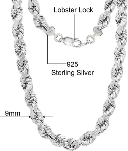 Vista 2 de Savlano Collar de plata de ley 925 de 0.354 in con cuerda italiana hueca de corte de diamante, para hombres y mujeres, viene con caja de regalo