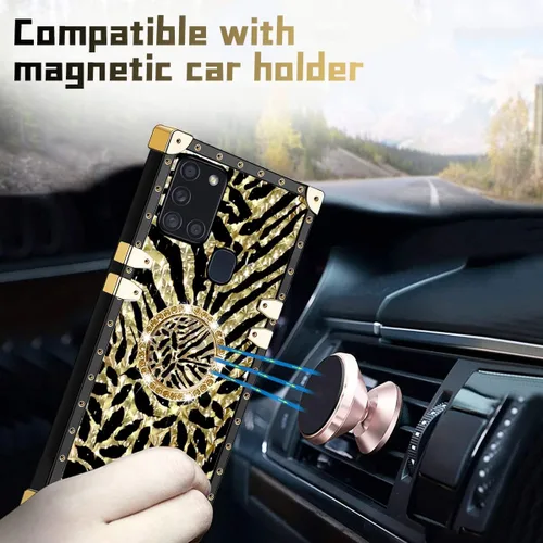 Vista 2 de Funda para teléfono Samsung Galaxy A21S con soporte de anillo, diseño retro elegante de lujo, estampado de leopardo, guepardo, dorado, protección