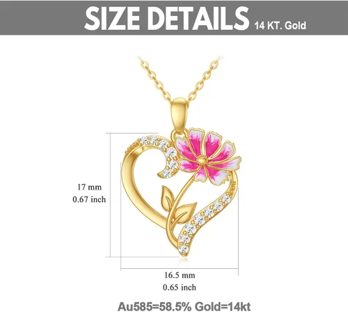 Vista 19 de Collar de flor de nacimiento de oro real de 14 quilates para mujer, oro amarillo creado moissanita con colgante de corazón, collares