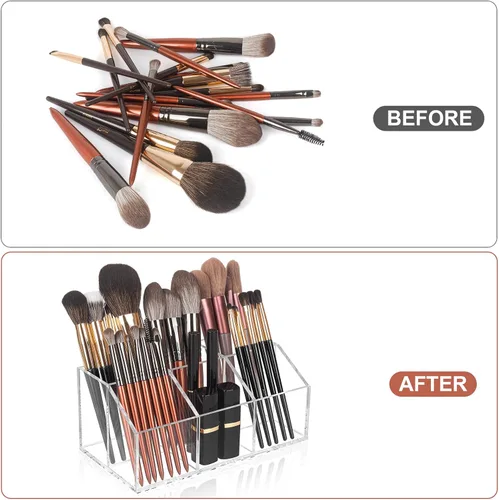 Vista 3 de Organizador de brochas de maquillaje transparente de acrílico con 6 ranuras para cosméticos, organizador de almacenamiento para encimera de tocador