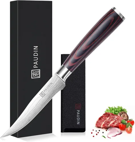Vista 9 de PAUDIN - Cuchillo Santoku, cuchillo de chef de 5 pulgadas, cuchillo de cocina ultra afilado, cuchillo de chef japonés con funda, acero inoxidable