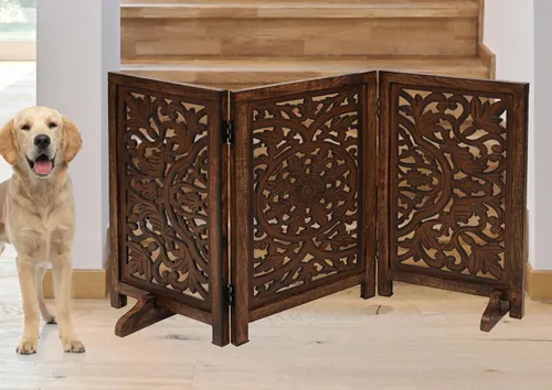 Vista 9 de Puerta independiente para mascotas para perros, puerta plegable de madera para perros para casa, puerta interior para perros para escaleras