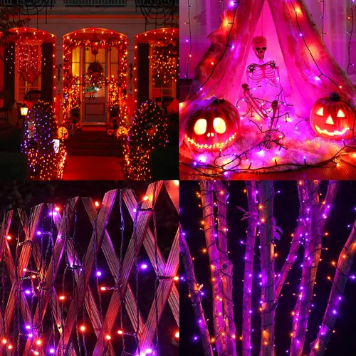 Vista 9 de weillsnow Luces de Halloween Moradas y Naranjas, 200 LED 66 Pies con Enchufe Luces de Cadena de Halloween Impermeables, 8 Modos con Memoria