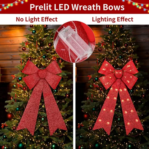 Vista 4 de 2 Piezas Lazos LED para Coronar Árbol de Navidad - 24"x12" Decoraciones Navideñas Grandes Preiluminadas Con Luces - Funciona con Pilas para Corona