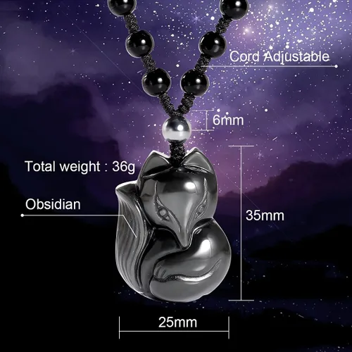 Vista 2 de Jewever Collar de obsidiana negra de zorro de la suerte, piedra natural, colgante de cristal curativo, amuleto de protección, joyería colgante