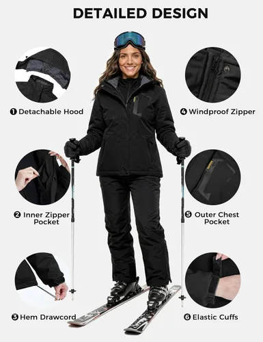 Vista 5 de Skieer - Chaqueta de esquí impermeable para mujer, abrigo cálido de invierno con forro polar para snowboard Negro