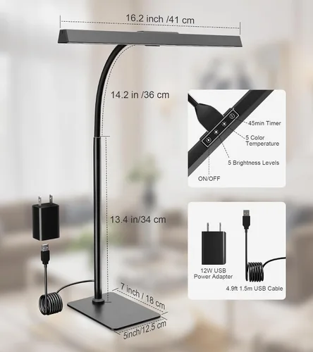Vista 9 de Lámpara de escritorio para oficina en casa con base, luz de escritorio con cuello de cisne ajustable, adaptador USB de 12 W, control táctil, 5