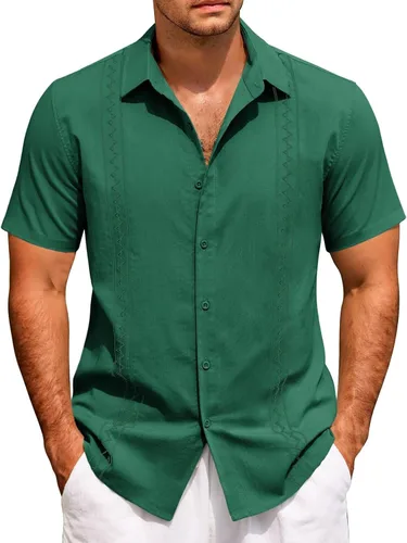 Vista 13 de Camisas de manga corta para hombre, estilo cubano, casual, con botones, para verano, para bolos, holgadas, hawaianas, para vacaciones en la playa