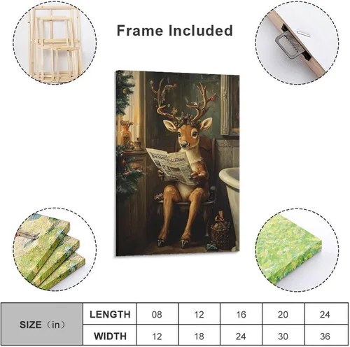 Vista 2 de Arte De Pared En Lienzo Vintage De Reno Navideño, Impresiones De Imágenes De Renos, Alces Sentados En El Inodoro, Pintura De Invierno, Póster Para