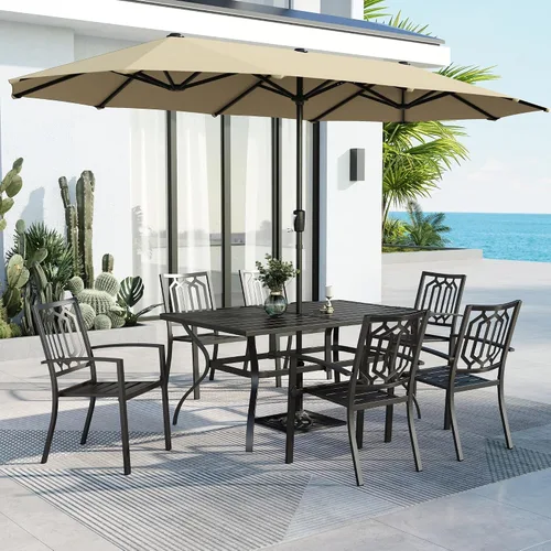 Vista 31 de MFSTUDIO Juego de mesa de comedor para patio al aire libre con paraguas, 4 sillas giratorias y 1 x 37 cuadrado Bistro forjado Iorn Slat mesa grande
