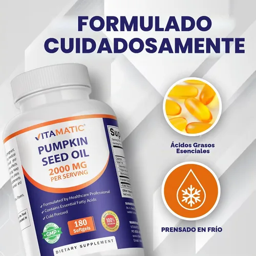 Vista 4 de Vitamatic Aceite de semilla de calabaza 2000 mg cápsulas de cápsulas, 180 cápsulas blandas