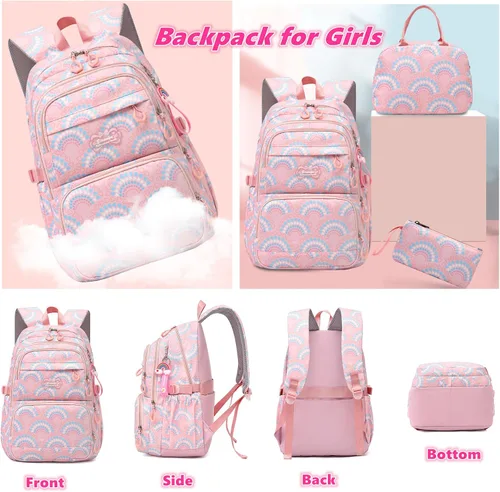 Vista 4 de Mochila de escuela primaria para niñas, bolsa impermeable para estudiantes con lonchera y estuche para lápices