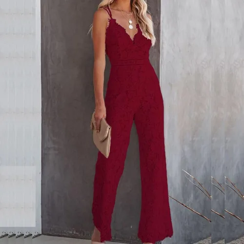 Vista 2 de Hugncmy Women V Neck Strap Sexy Jumpsuit Sleeveless Lace Embroidery Suits Party Club Wear Rompers Womens Jail Jumpsuit
