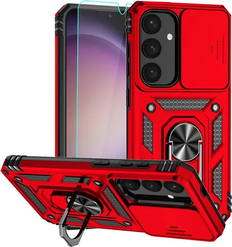 Vista 9 de Funda para Samsung Galaxy S24 Plus, funda de plástico duro de goma de silicona suave con cubierta de lente de cámara deslizante, anillo giratorio