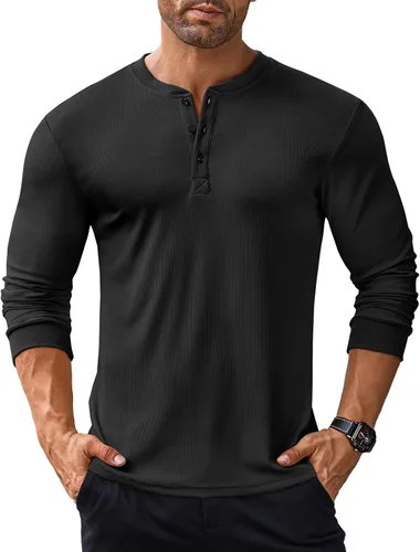 Vista 61 de COOFANDY Camisas Henley de manga larga para hombre, camisetas elásticas acanaladas, camisetas básicas casuales de moda