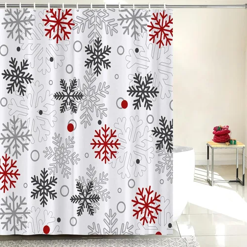 Vista 2 de GOOESING Cortina de ducha de copos de nieve navideños de invierno, rojo gris blanco, impermeable, cortinas de ducha para baño, cortina de ducha