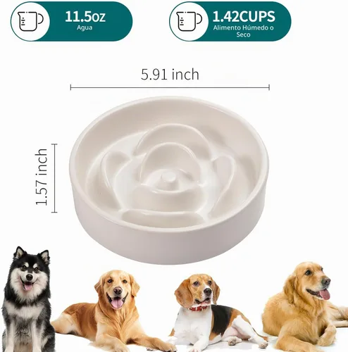 Vista 2 de Cuenco de cerámica blanca para perros de raza pequeña y media, cuenco elevado de alimentación lenta de 6.1 pulgadas, cuenco de comida para perros