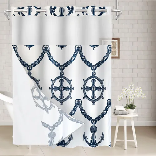 Vista 29 de Batmerry Maritime Nautical Hookless Shower Curtain with Snap in Liner Set, Anchors Ship Wheel Bath Curtain Magnetic Hem Quick-Drying Waterproof