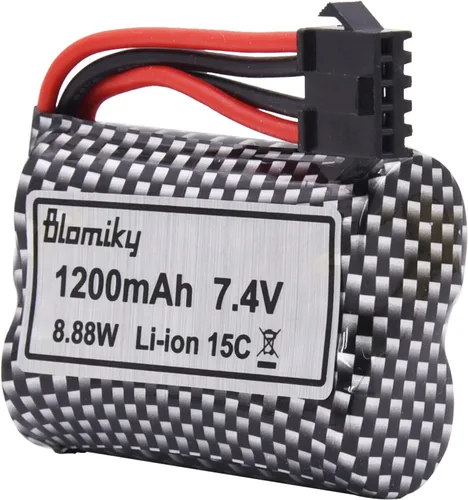 Vista 2 de Blomiky - Paquete de 2 baterías recargables de iones de litio de 7.4 V 1200 mAh con enchufe SM-5P y cable USB para alguna versión TX123 RC Boat