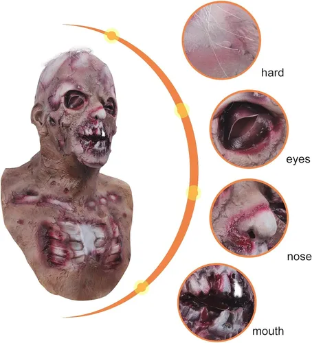 Vista 4 de Molezu - Máscara de látex de zombie o muerto viviente para adulto, disfraz tenebroso y sangriento para halloween, cosplay, fiesta de disfraces (D)