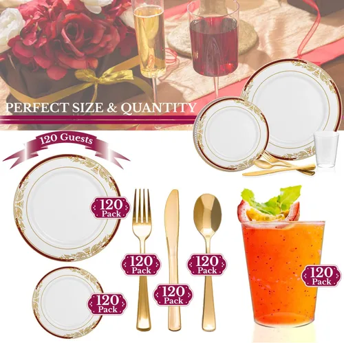 Vista 5 de Elegante vajilla desechable de plástico resistente, platos de plástico de diseño elegante, para bodas, cumpleaños y todas las ocasiones