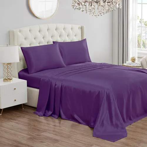 Vista 37 de Juicy Couture Juego de sábanas de satén de tamaño individual, juego de sábanas sedosas de bolsillo profundo con 1 sábana bajera, 1 sábana encimera