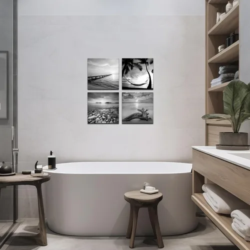 Vista 2 de sechars - Arte de pared de playa en blanco y negro, pintura de paisaje marino, paisaje de amanecer, imagen giclée, lienzo enmarcado para sala