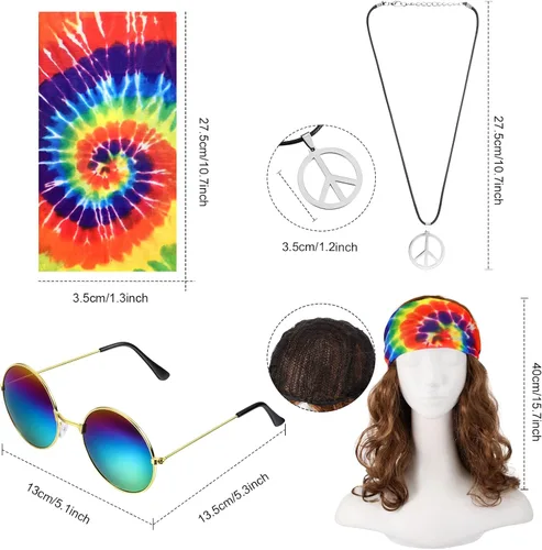 Vista 3 de Norme 5 piezas de disfraz hippie de Mardi Carnival para hombres y mujeres, camiseta de los años 70, diseño de teñido anudado, collar con signo