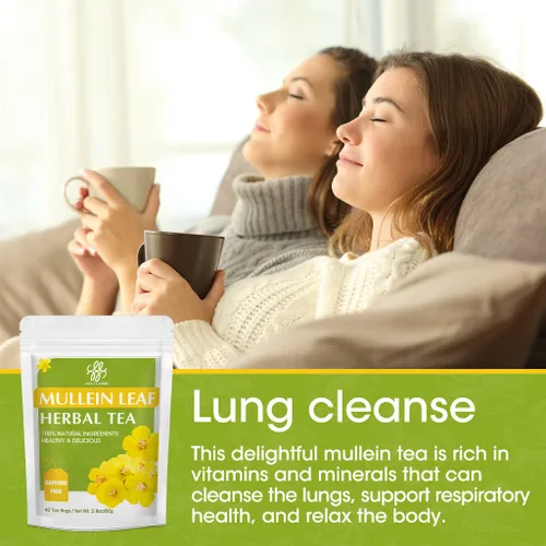 Vista 2 de Té de hojas de gordolobo - Té de hierbas de limpieza respiratoria y pulmonar, sin cafeína, 40 bolsas de té