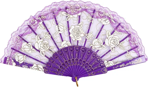 Vista 11 de TrendBox - Abanico chino de mano en encaje de rosas, diseño elegante vintage retro, plegable, para damas, para bailes de bola, 1 juego (10 colores)