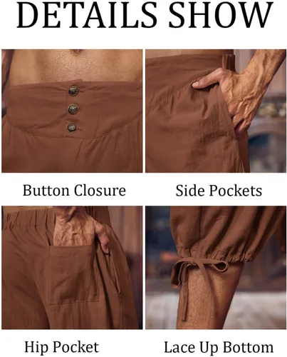 Vista 5 de Gafeng Pantalones piratas renacentistas medievales para hombre, disfraz colonial de caballero para Halloween, pantalones cortos con cordones LARP