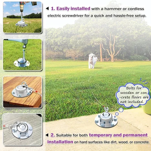 Vista 4 de Cable de amarre giratorio de 360° y estaca para perros, anclaje de acero inoxidable para perros pequeños a grandes, cable reflectante sin enredos