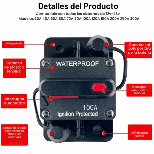 Vista 4 de Disyuntor de 100 amperios de 12 V a 48 V CC con botón de interruptor de reinicio manual para motor de arrastre de barcos, vehículos de remolque
