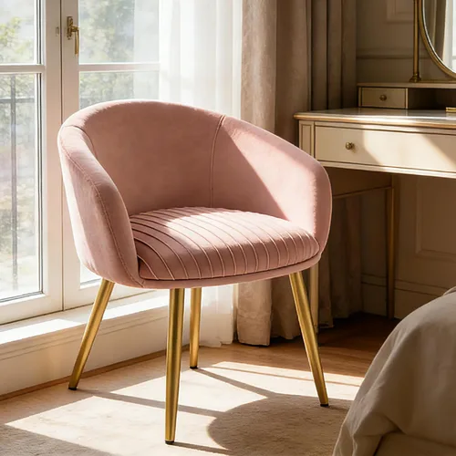 Vista 12 de Boucle - Silla de tocador de maquillaje de terciopelo, moderna silla de escritorio para niñas, sin ruedas, con patas de metal dorado, sillón Beige