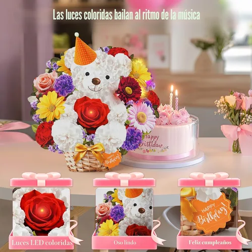 Vista 3 de MZD8391 Tarjetas de cumpleaños con música y luces, tarjeta de feliz cumpleaños, oso y margarita, ramo de flores de tamaño natural de 10 pulgadas