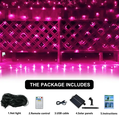 Vista 6 de Curyidy Red solar de luces de malla para exteriores, decoraciones de Navidad, cadena de 200 LED, impermeable, 19 modos para arbustos, vallas Rosado2