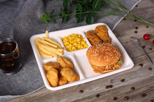Vista 4 de Vajilla desechable, placa 100% compostable, paquete de 100 bandejas desechables de 5 compartimentos, biodegradable, respetuosa con el medio