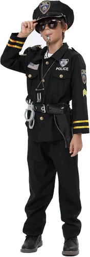 Vista 8 de Disfraz de oficial de policía para niños, disfraz de policía para niños, camisa de policía, pantalones, sombrero, cinturón, fiesta de cosplay