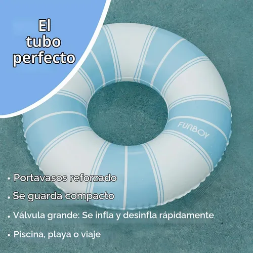 Vista 3 de FUNBOY Giant Vintage Stripe Inflatable Pool Float with Cup Holder 48" Pool Float for Adults Inner Tube Pool Toys Swim Rings Swimming Pool Azul