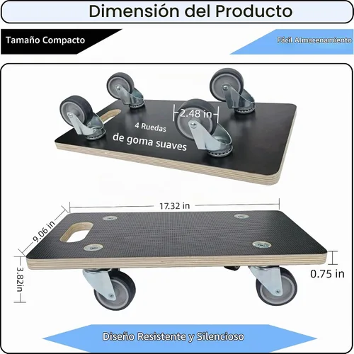 Vista 3 de Carrito Móvil para Muebles Plataforma de Madera 2 Paquetes, 17.32 x 9.06 pulgadas, Capacidad de 882 libras Carritos de Madera Resistentes
